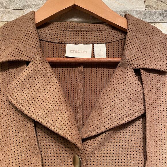 Chico’s 1 M Faux Suede Perforated Jacket | Mocha Chocolate Brown, Utility Moto - Picture 6 of 7